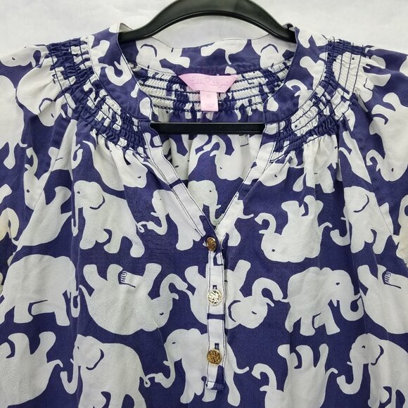 Lilly Pulitzer Elsa Blue White Elephant Print 100% Silk Pullover Blouse XS - Picture 2 of 11